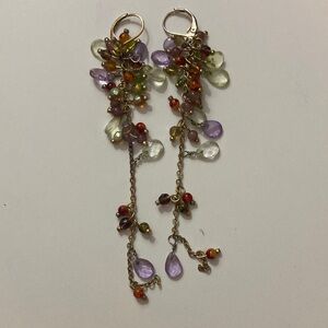 Rainbow Gemstone Cluster Gold Beaded Dangle Earrings 14k Gold